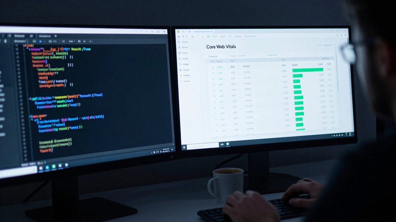 Developer workspace with code and performance metrics on screens.