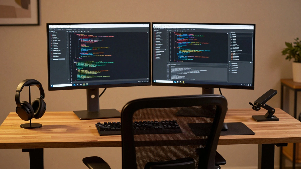 Ergonomic developer desk setup with dual monitors and headphones