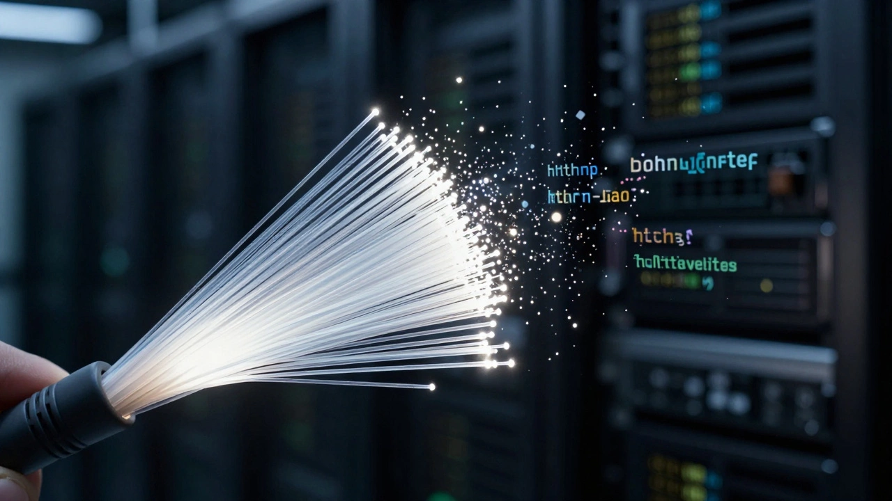 Fiber optic light transforming into structured HTML grid against dark server background.