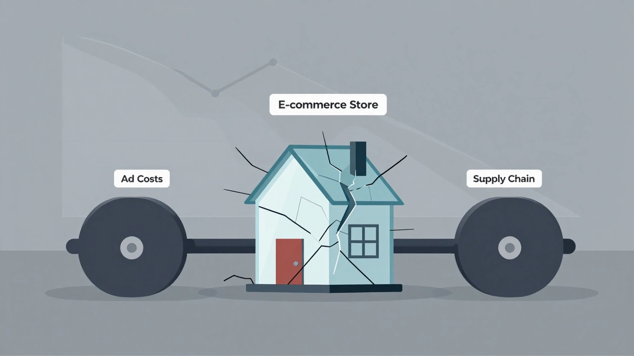 Illustration of a glass store cracking under weights representing ad costs and competition.
