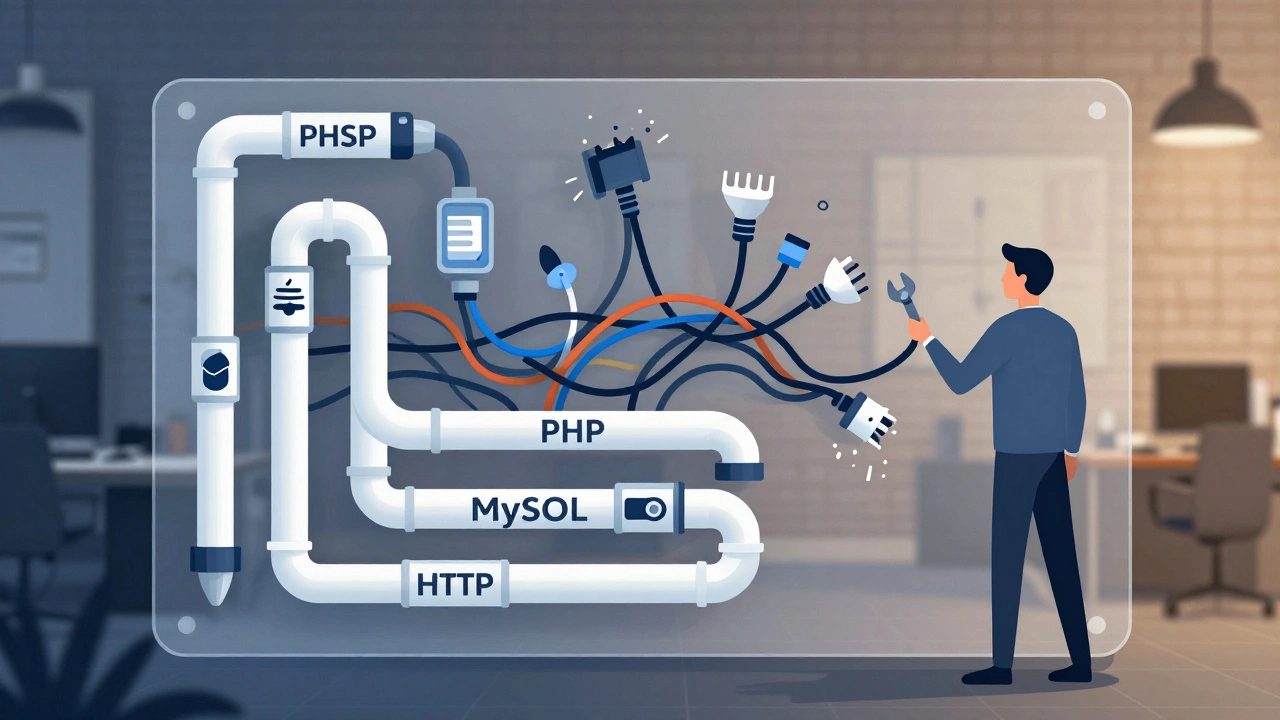 Illustration of expert fixing underlying PHP and database plumbing while hiding chaos