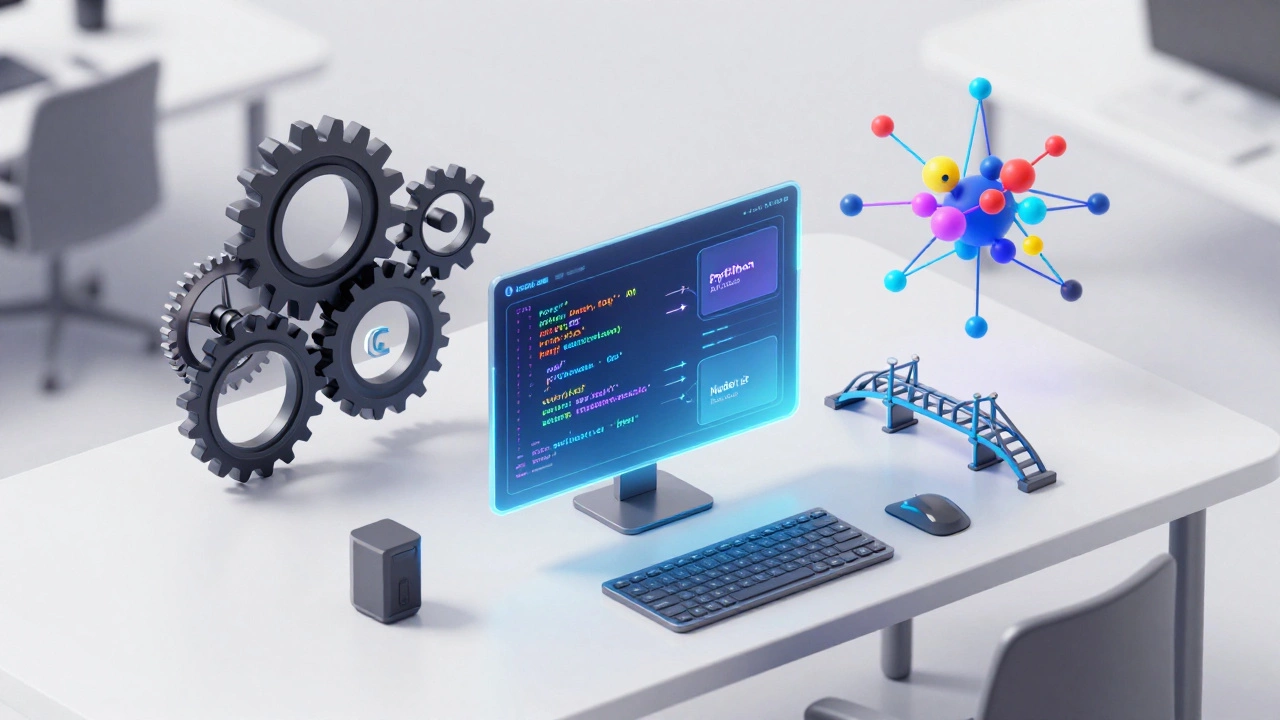 Isometric 3D render of developer choosing between Python, Node, Go, and Rust