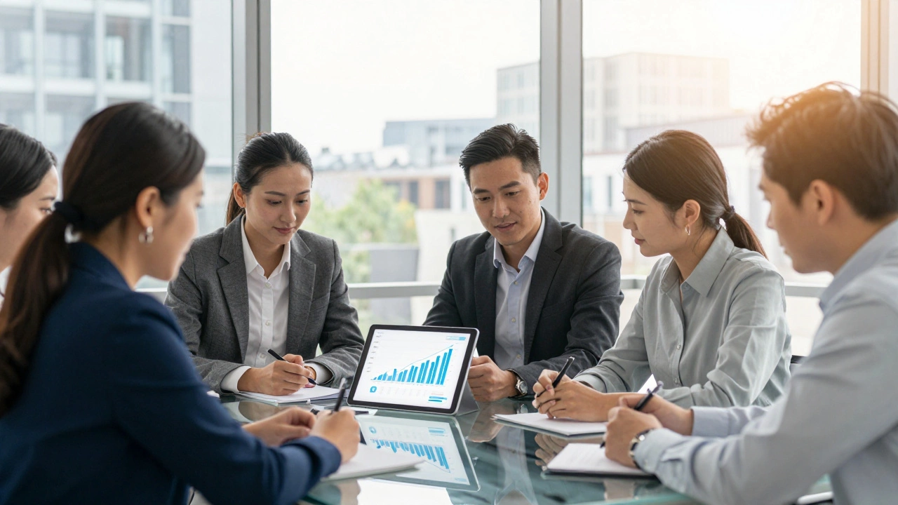 Professional team reviewing successful SEO growth metrics in a bright office