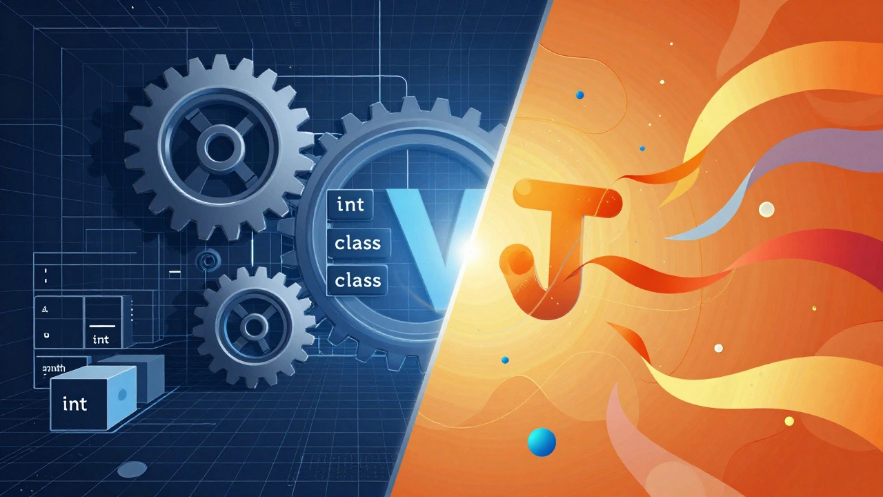 Split illustration contrasting rigid Java structure with flexible JS flow