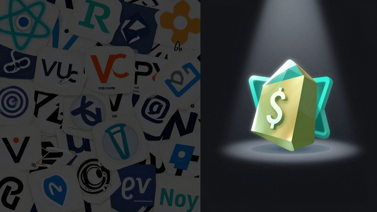 Split image contrasting chaotic tech pile with glowing specialist icon