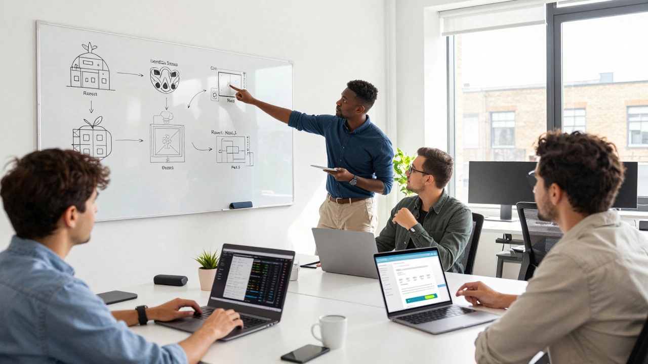 Team of developers collaborating on headless WordPress architecture in a London office