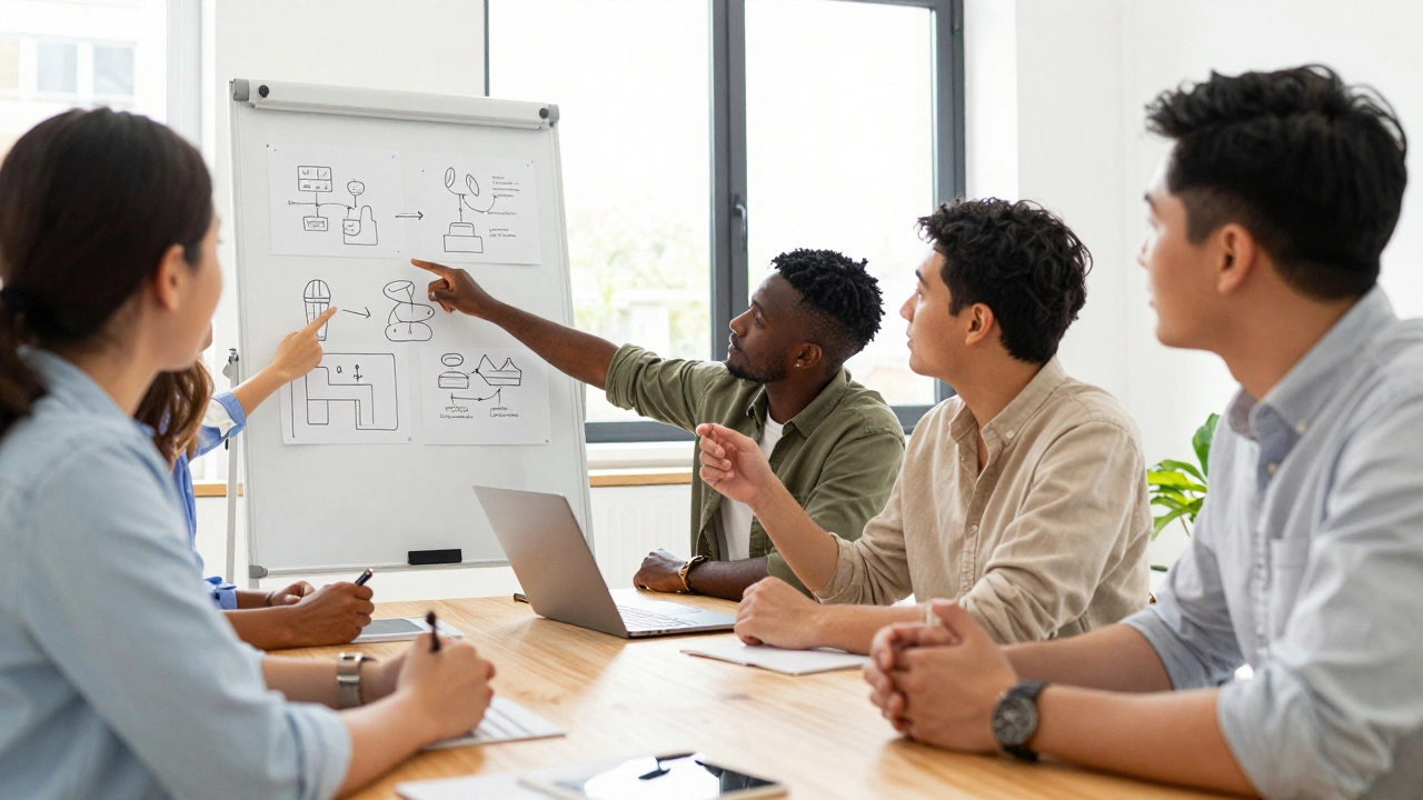 Team of entrepreneurs strategizing around a table in a bright modern office space.