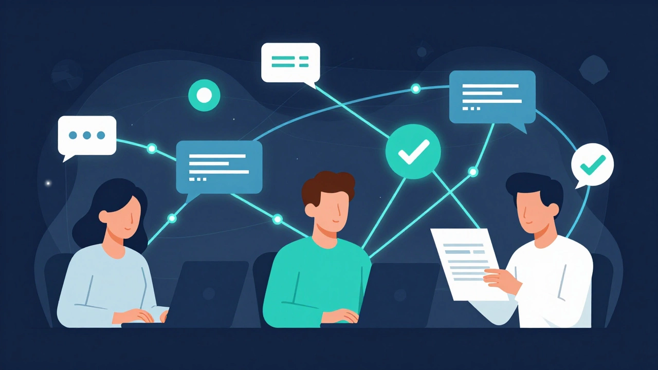 Vector graphic showing remote team collaboration via digital connections