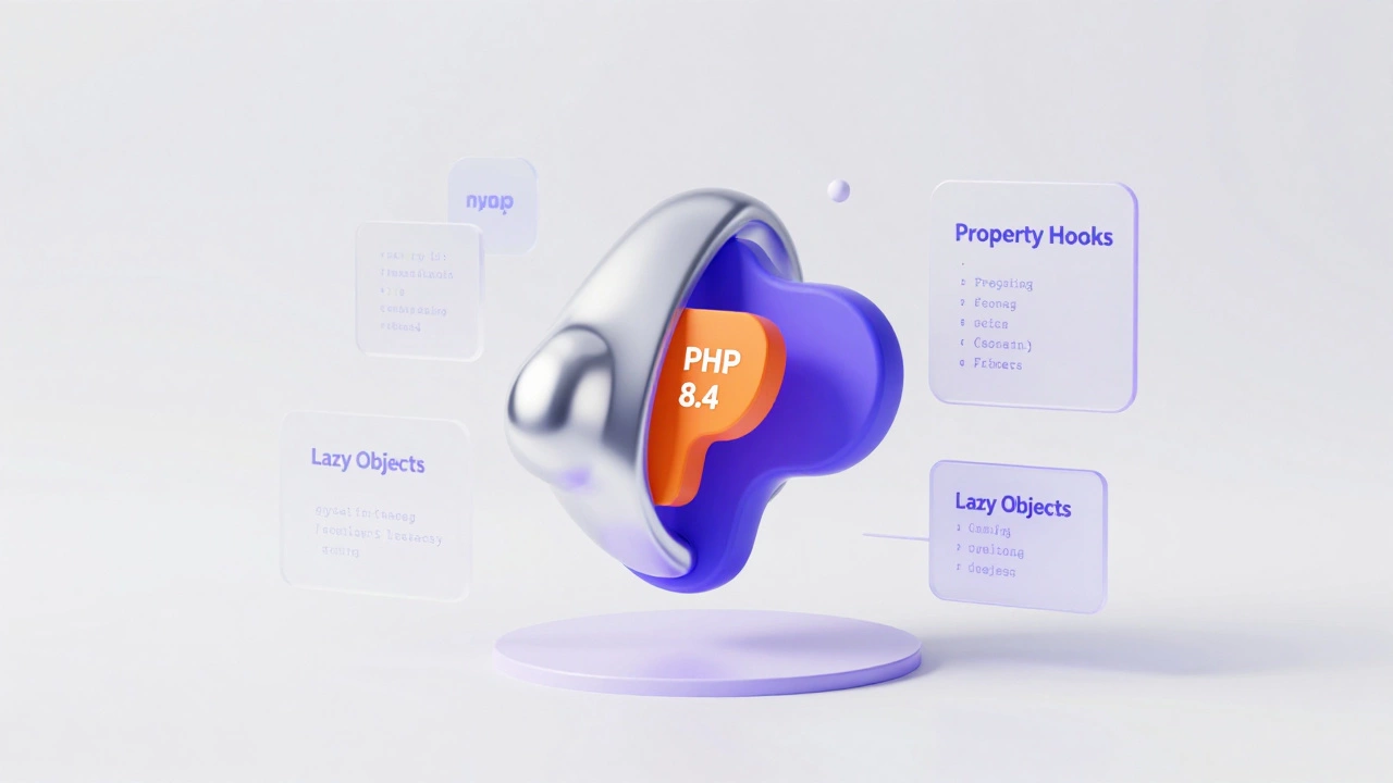 Abstract 3D shapes symbolizing PHP 8.4 features like property hooks