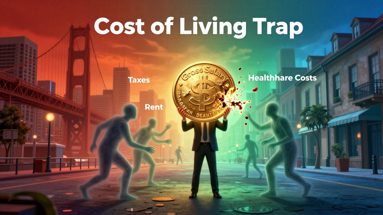 Abstract art showing gross salary reduced by taxes and living costs