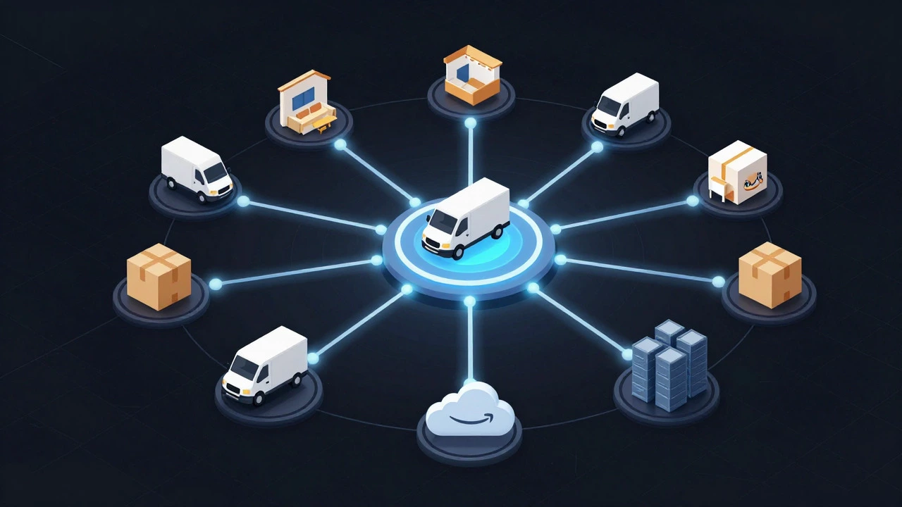 Abstract diagram of Amazon's logistics network connecting warehouses, deliveries, and cloud servers.