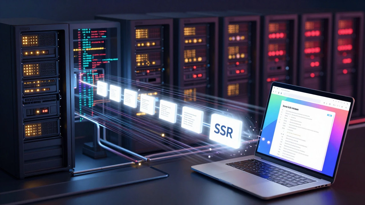 Abstract visualization of server-side rendering transforming backend data into frontend HTML