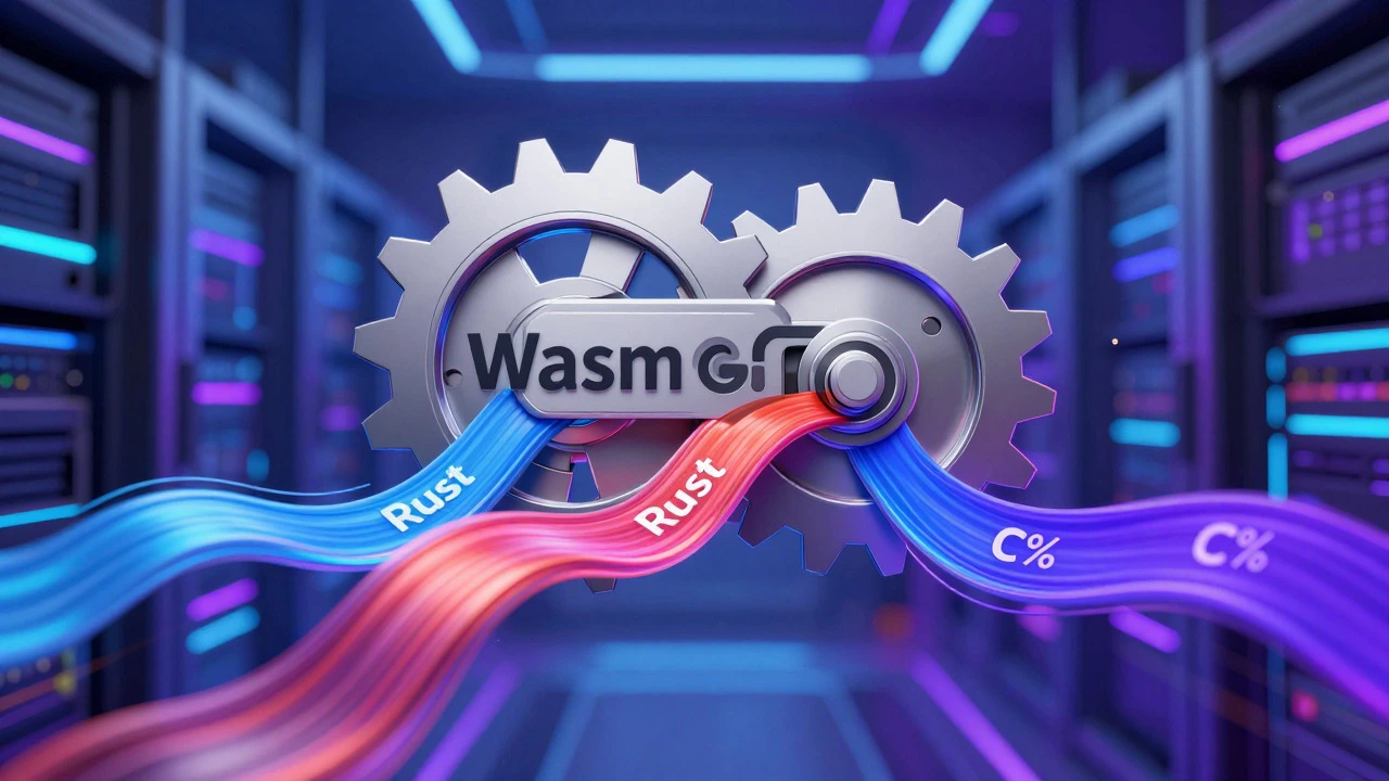 Digital art showing WebAssembly bridging Rust and C++ for fast browser execution
