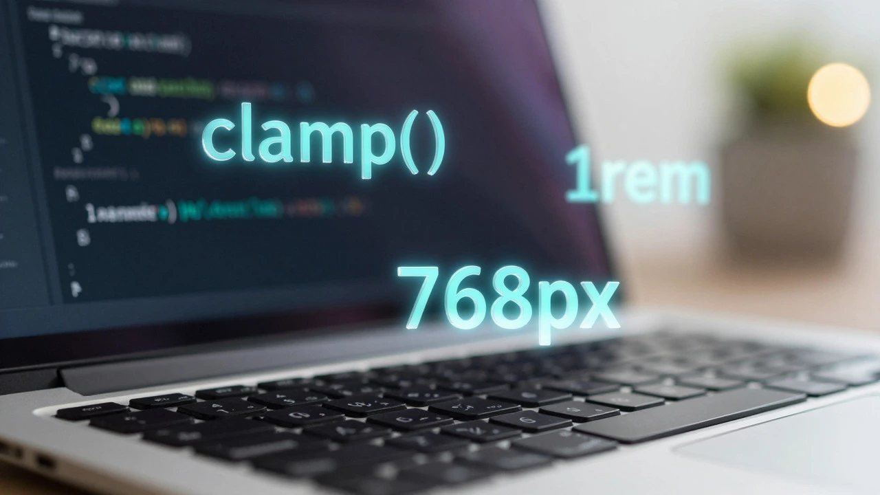 Glowing CSS code terms like clamp and rem over a keyboard