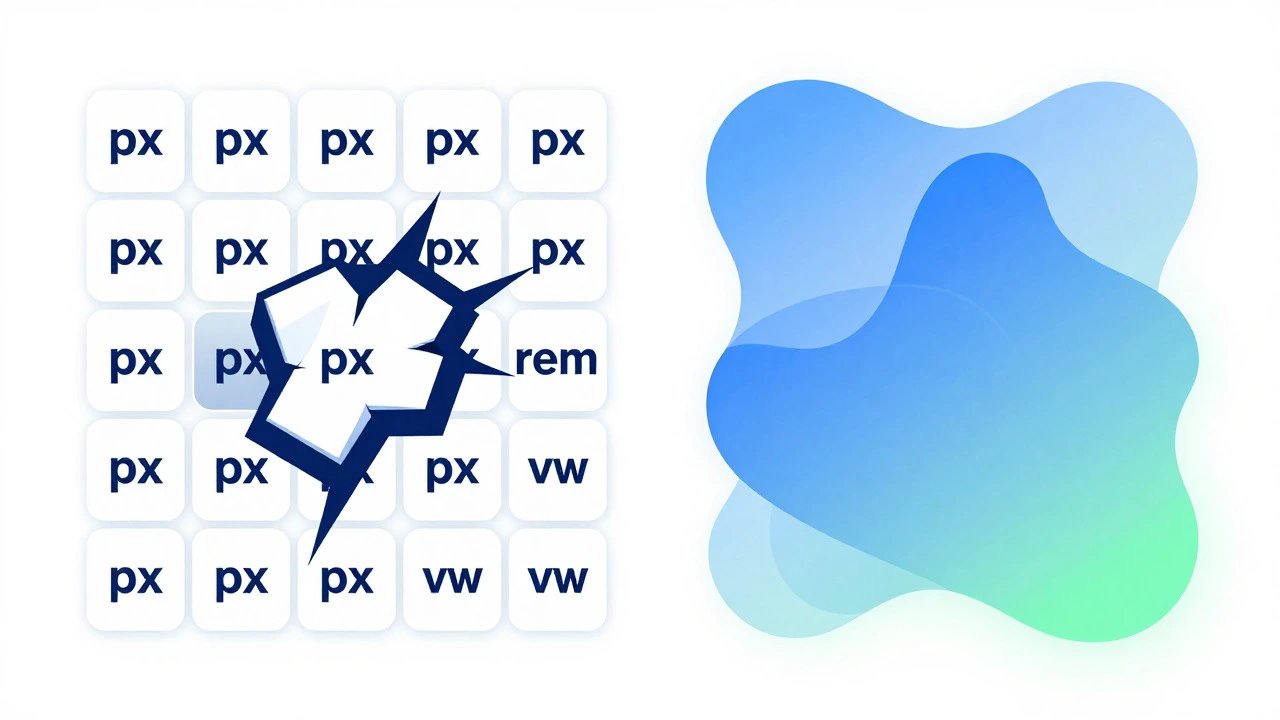 Illustration contrasting rigid px grids with fluid rem layouts