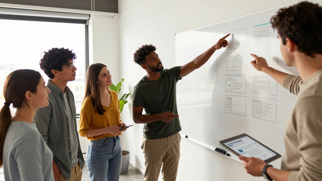 Junior developers collaborating on UI design in a bright, modern startup office
