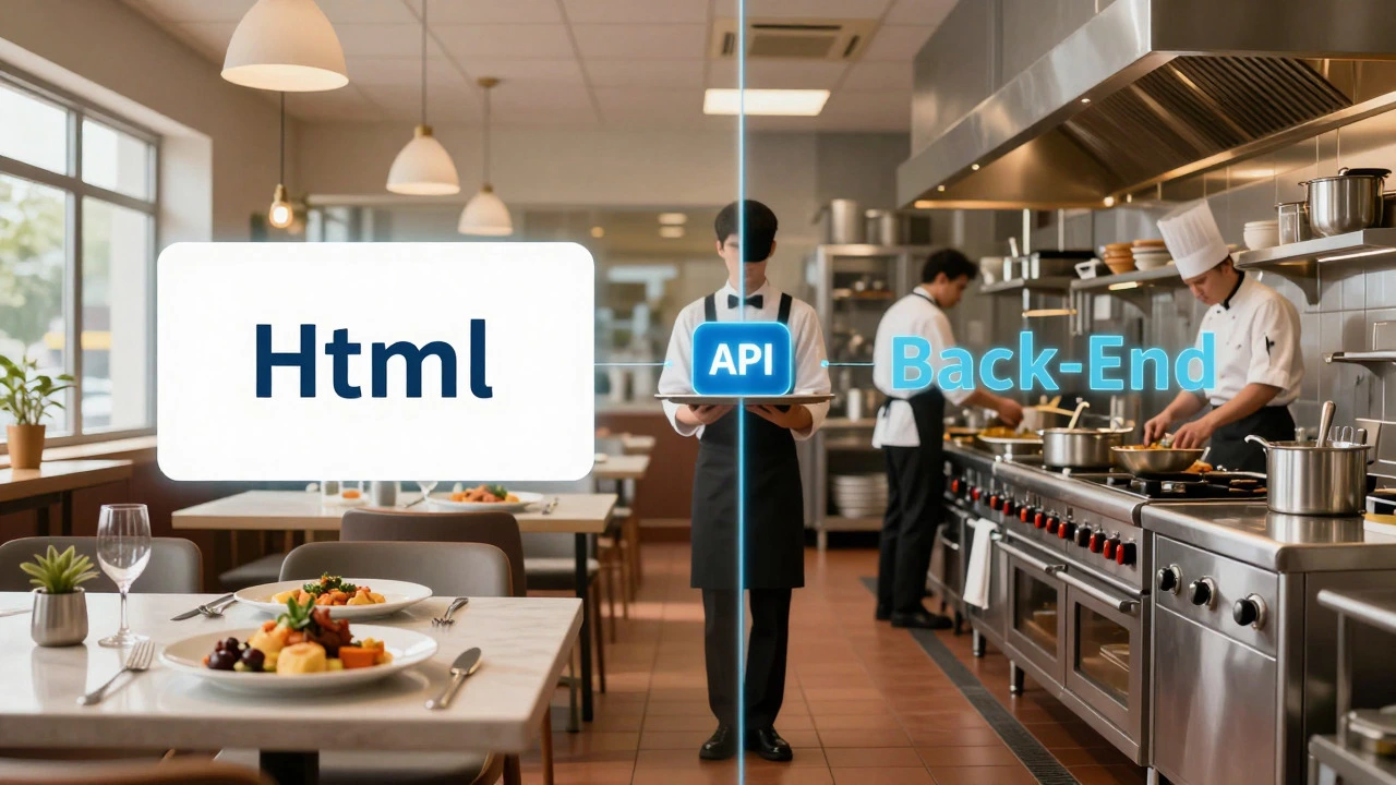 Metaphor comparing front-end dining room to back-end kitchen with an API waiter connecting them