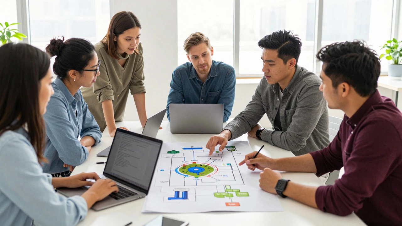 A team of professionals collaborating on physical system models in a bright office setting