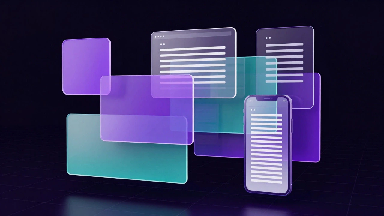 Abstract 3D shapes morphing between mobile, tablet, and desktop layouts