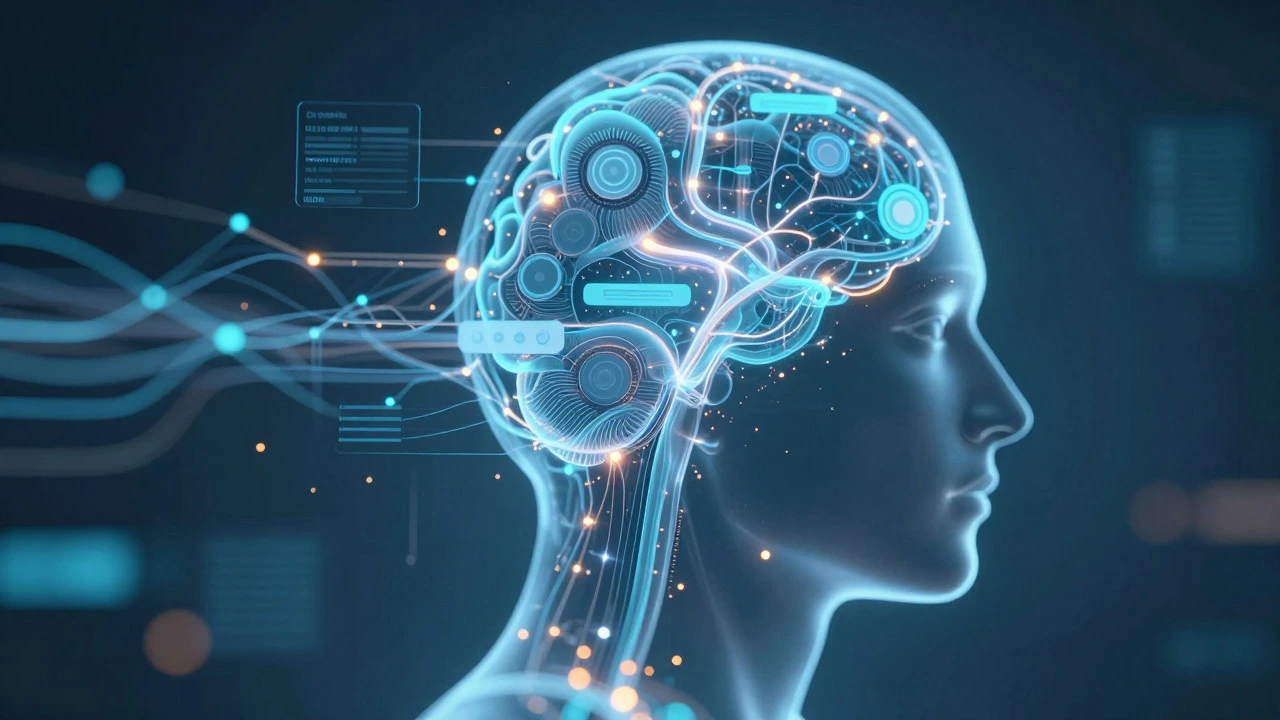 Abstract human head made of digital interface nodes