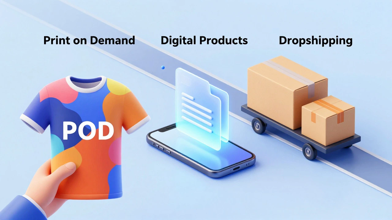 Artistic concept showing t-shirts, digital files, and packages representing three e-commerce models