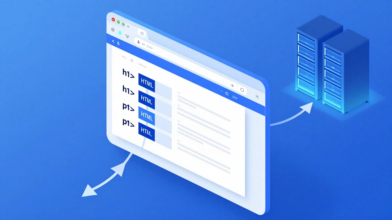 Browser rendering HTML tags while sending data requests to a distant server rack.