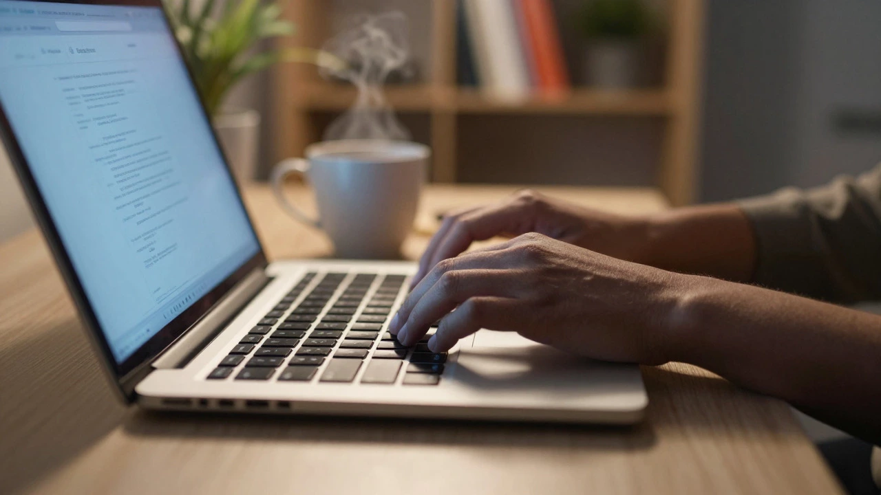 Close-up of hands typing on a laptop in a cozy home setting, symbolizing online business management