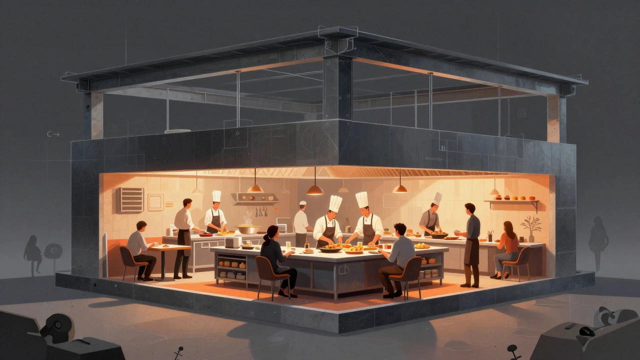 Conceptual illustration of a restaurant kitchen with structural beams in the background