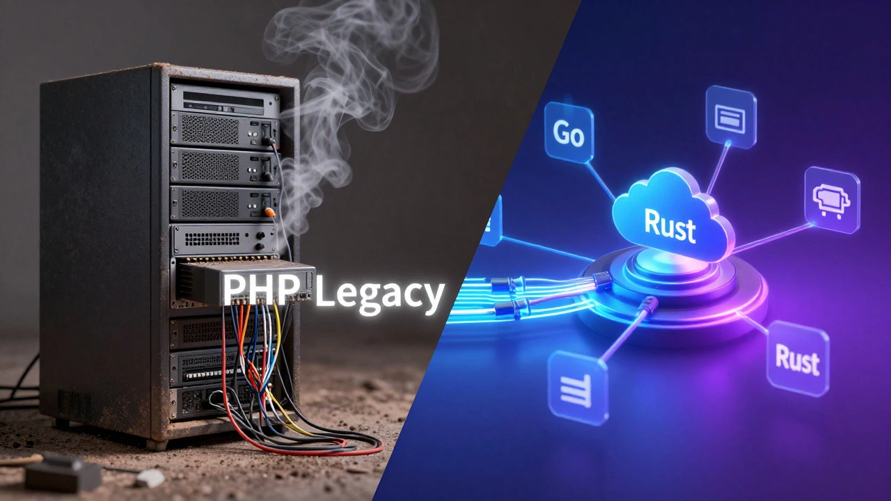 Contrast between legacy PHP servers and modern async cloud architecture.