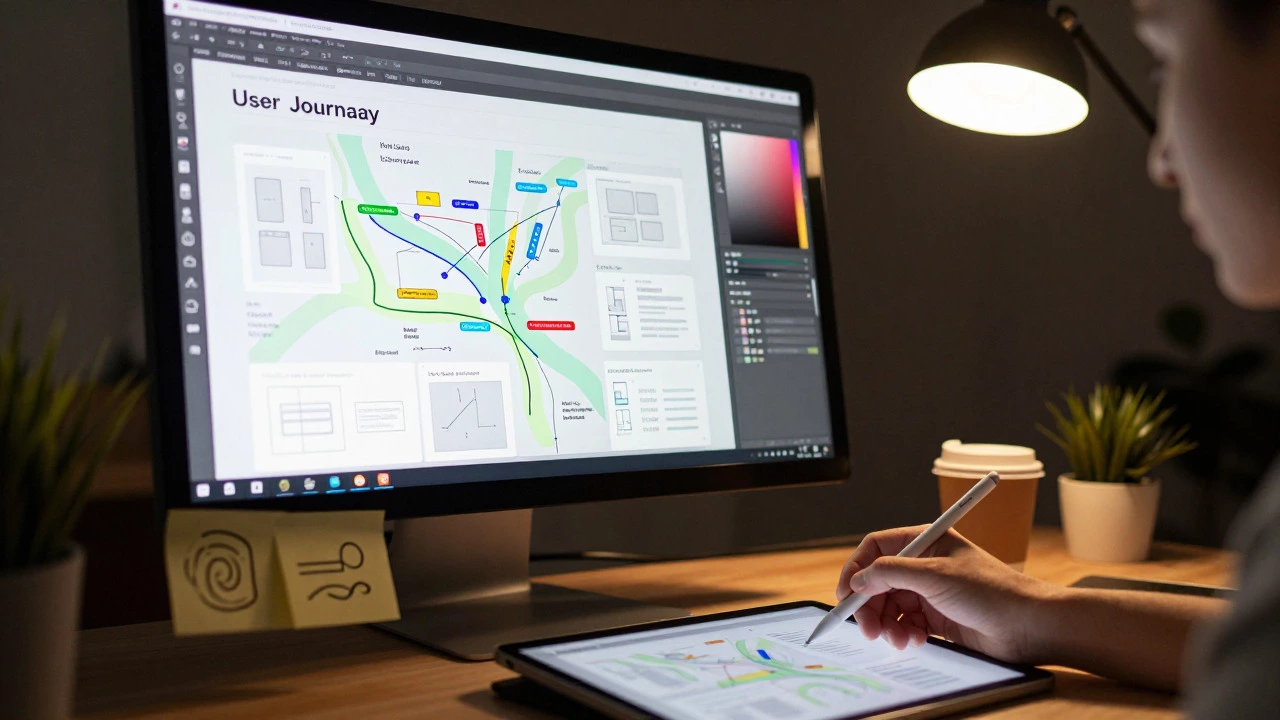 Designer workspace with wireframes and color tools