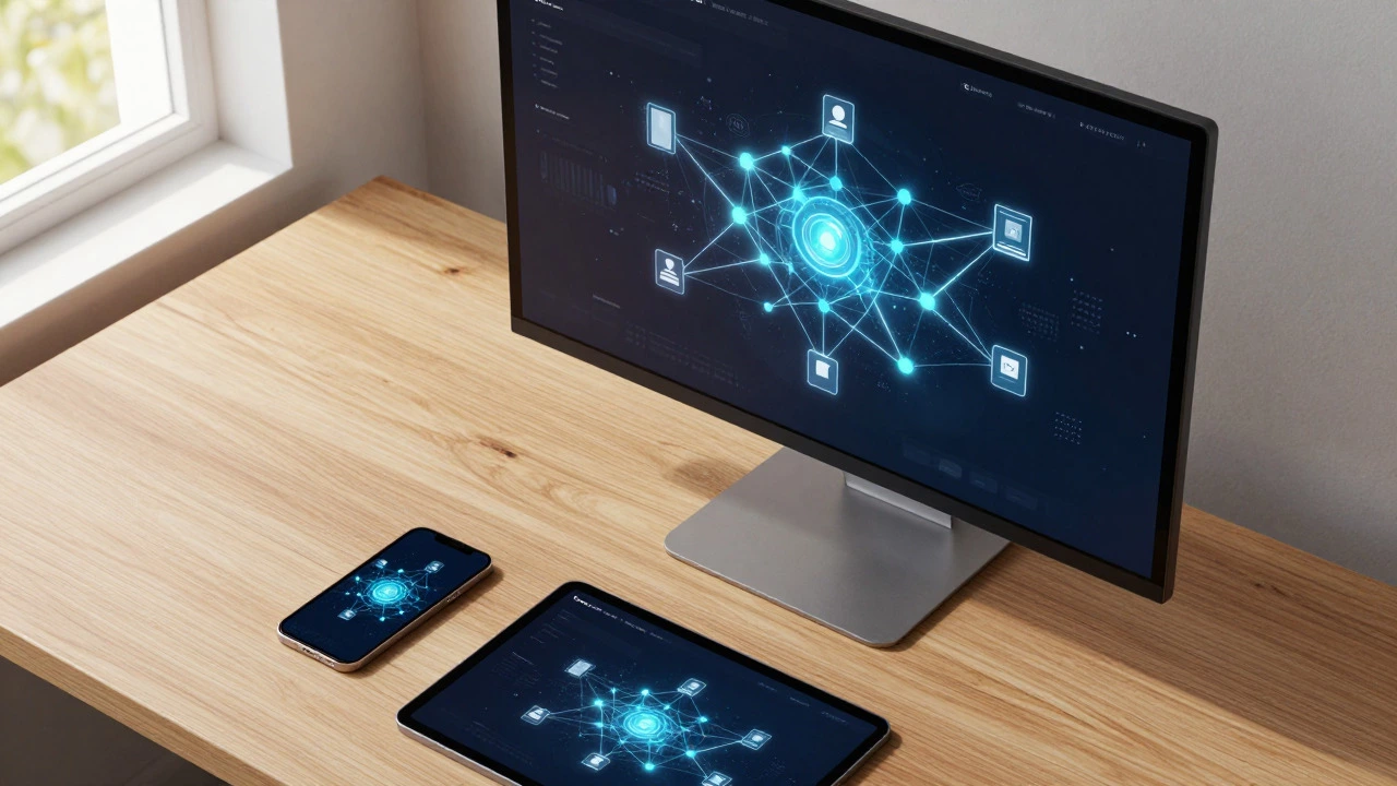Desk with monitor displaying data network connecting device icons