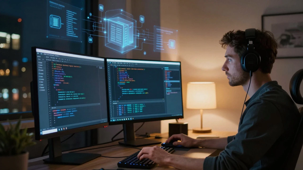 Developer coding JavaScript and PHP in a modern London home office with holographic UI