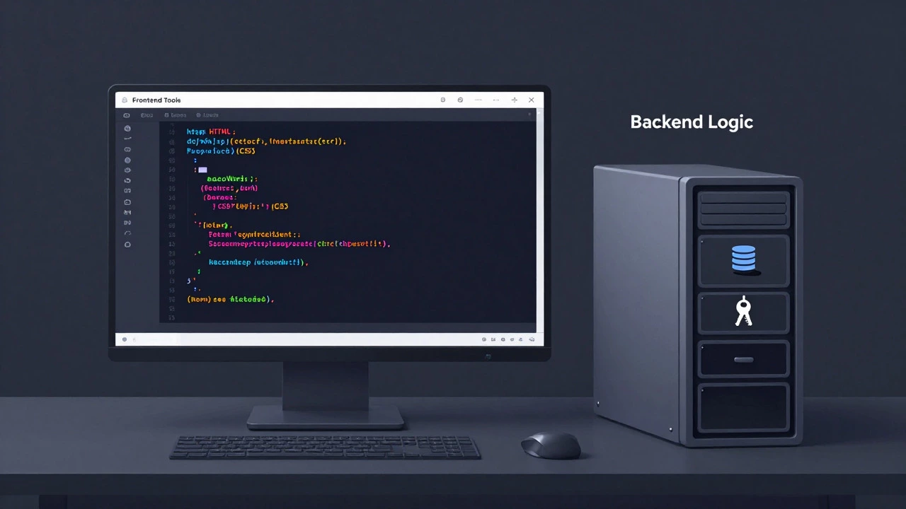 Developer workspace separating frontend code on screen from a locked backend server box.
