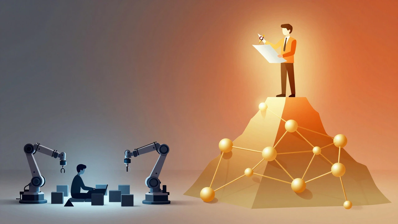 Digital art comparing a junior developer's automated tasks with a senior architect's strategic role