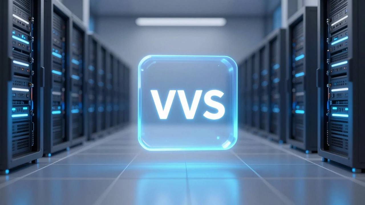 Digital illustration of a VPS server rack in a data center