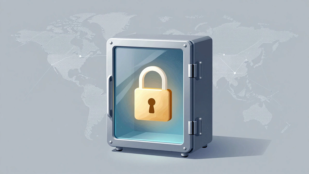 Glowing digital vault with a padlock symbolizing secure domain registration settings