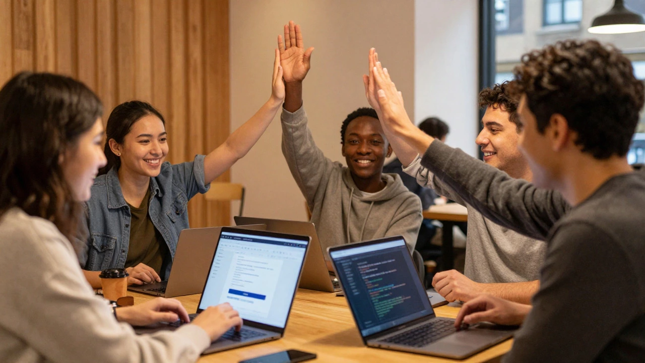 Group of beginners celebrating a coding success together