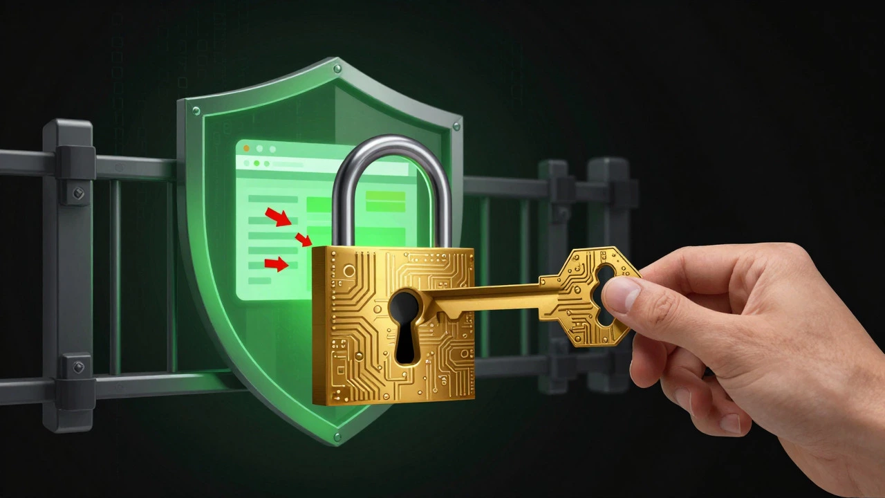 Hand holding a circuit-board key securing a digital firewall