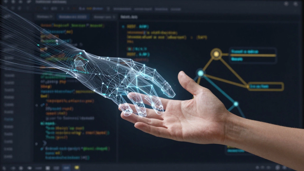 Human and AI hands connecting over a headless WordPress architecture