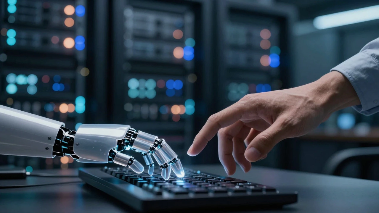 Human hand guiding an AI robot hand over a keyboard in a server room background
