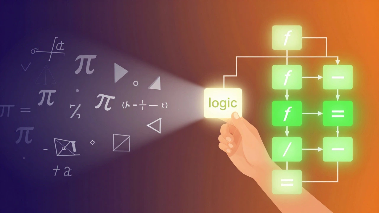 Illustration contrasting abstract math symbols with clear logic flowcharts