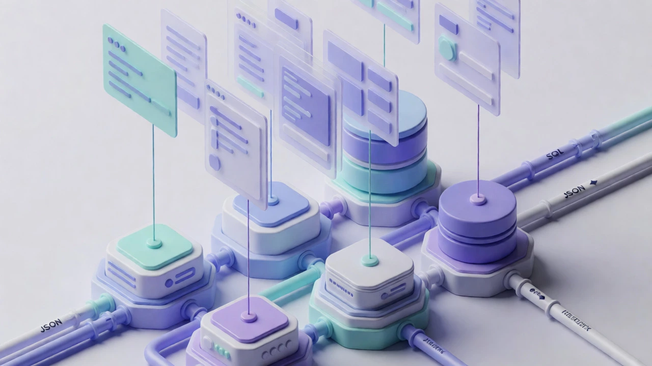 Isometric diagram of backend APIs supporting floating frontend UI components