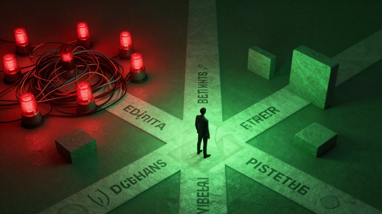 Split scene contrasting chaotic red warnings with a calm, safe green pathway