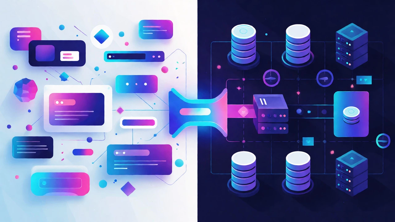 Abstract illustration connecting frontend UI elements with backend servers