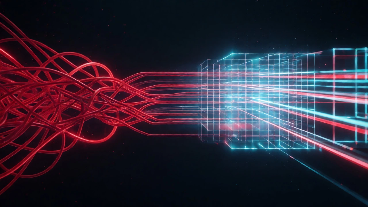 Abstract visual of tangled red wires transforming into structured cyan grids