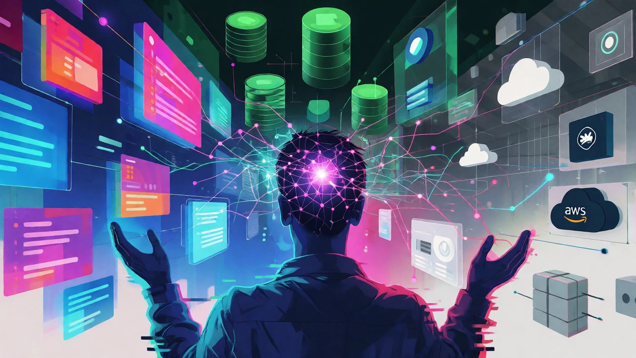 Abstract visualization of a developer managing multiple tech stacks simultaneously.