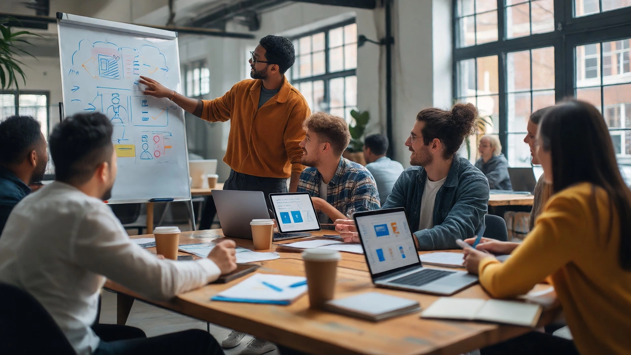 Collaborative team meeting with designers and developers discussing product workflows together.