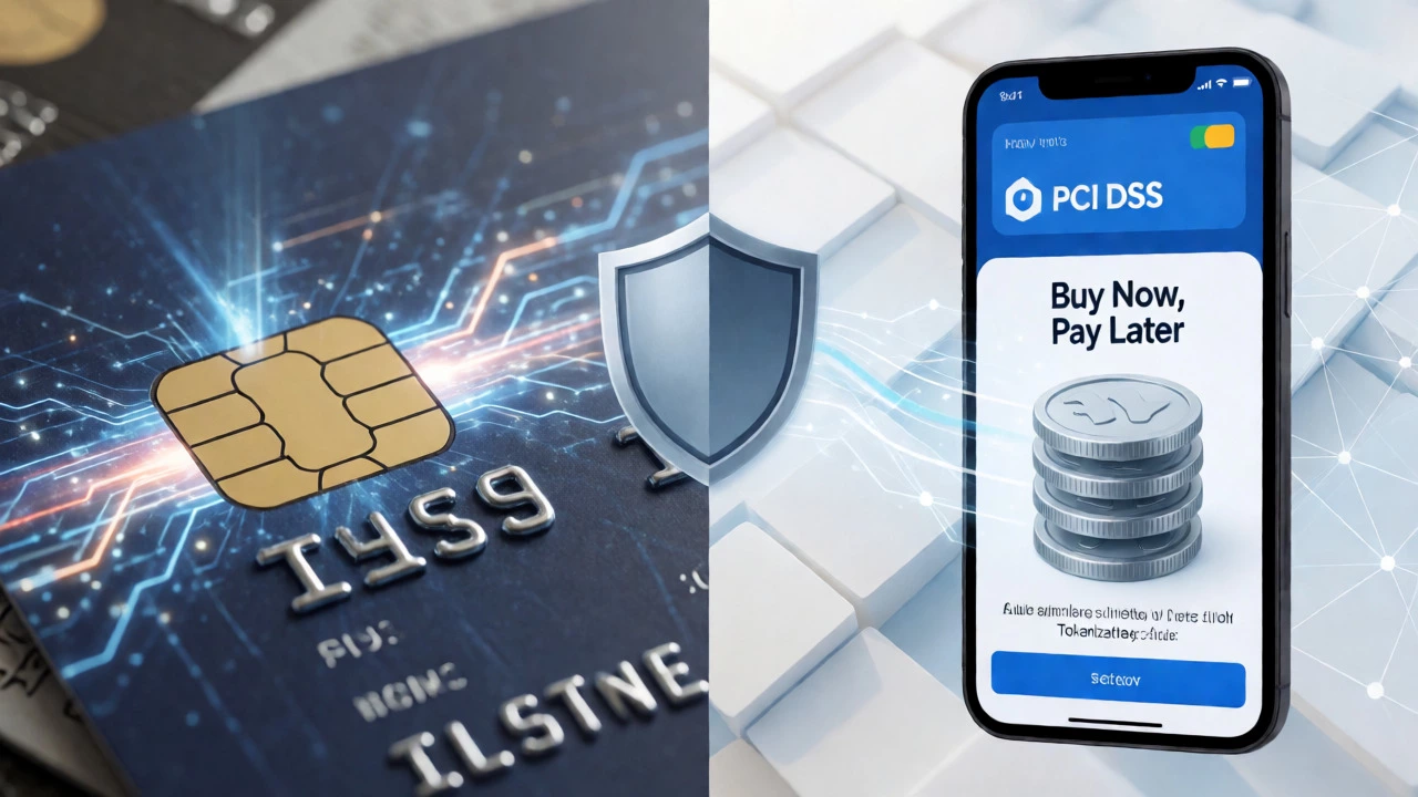 Conceptual art comparing credit cards, digital wallets, and BNPL options with a central security shield.