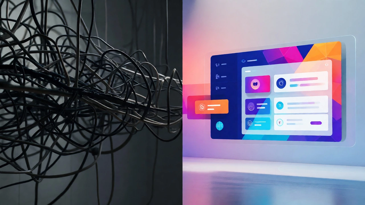 Contrast between tangled coding wires and a clean, organized digital dashboard.