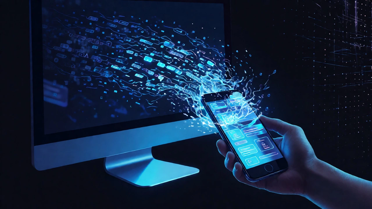 Digital art showing code flowing like water adapting from a monitor to a phone.
